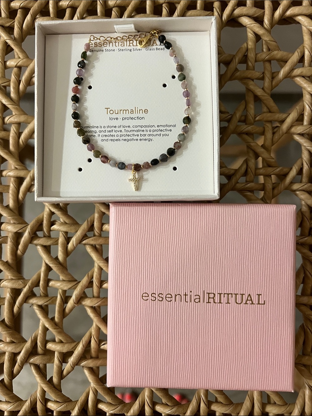 Essential RITUAL Multicolor Tourmaline Beaded Bracelet with Gold Cross Charm